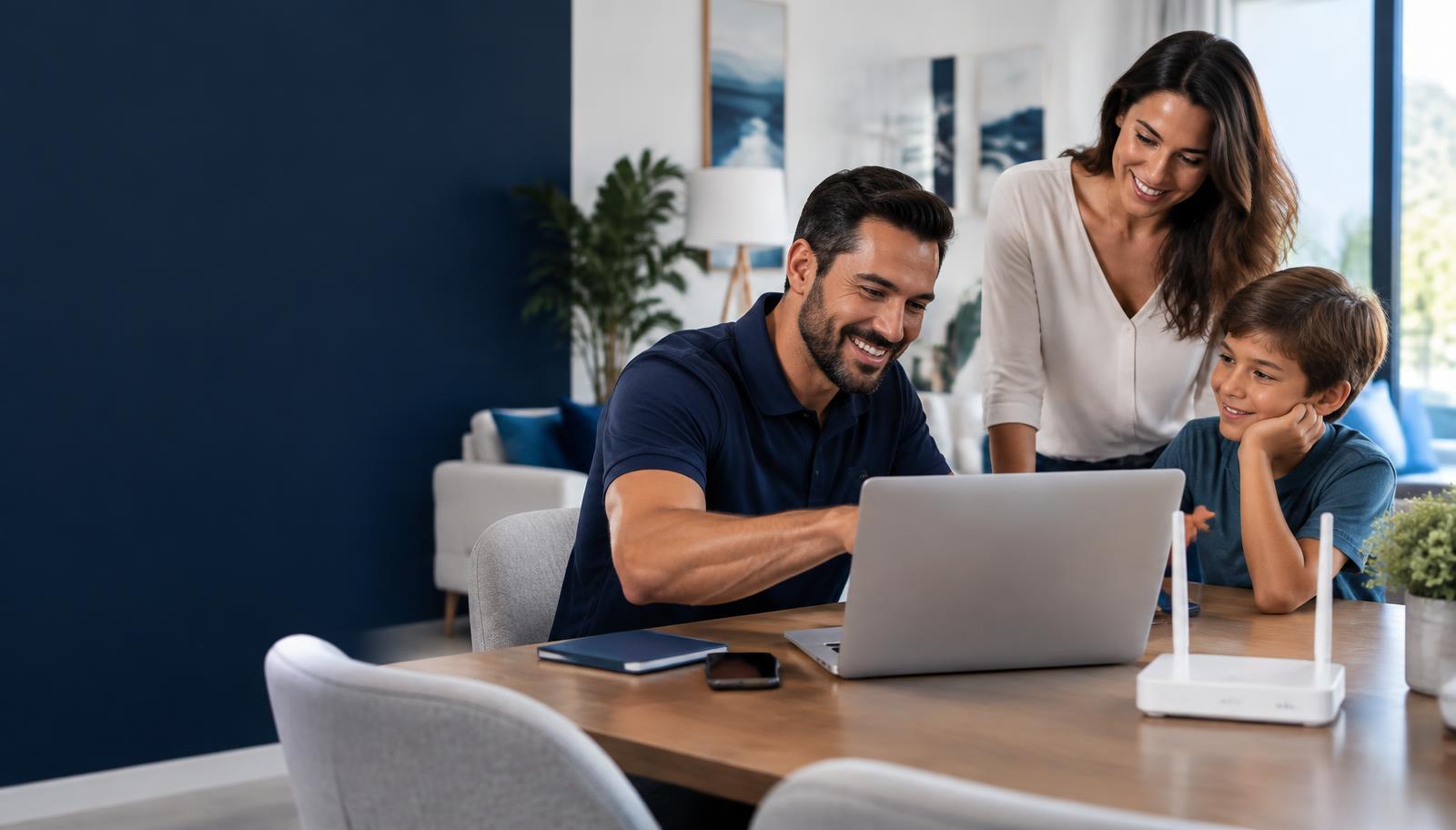 Especialista ajudando uma família com a tecnologia de casa